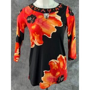 Susan Graver Printed Liquid Knit Jewel Embellished Neck Top sz XXS (15773) NEW